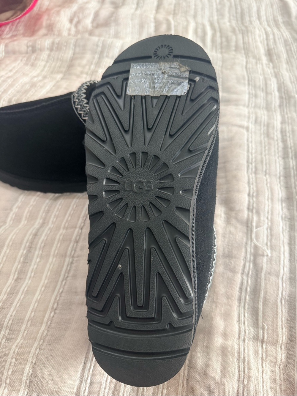 UGG Black Suede Slip-On Shearling Lined Slippers with Contrast Stitch - Picture 3 of 4